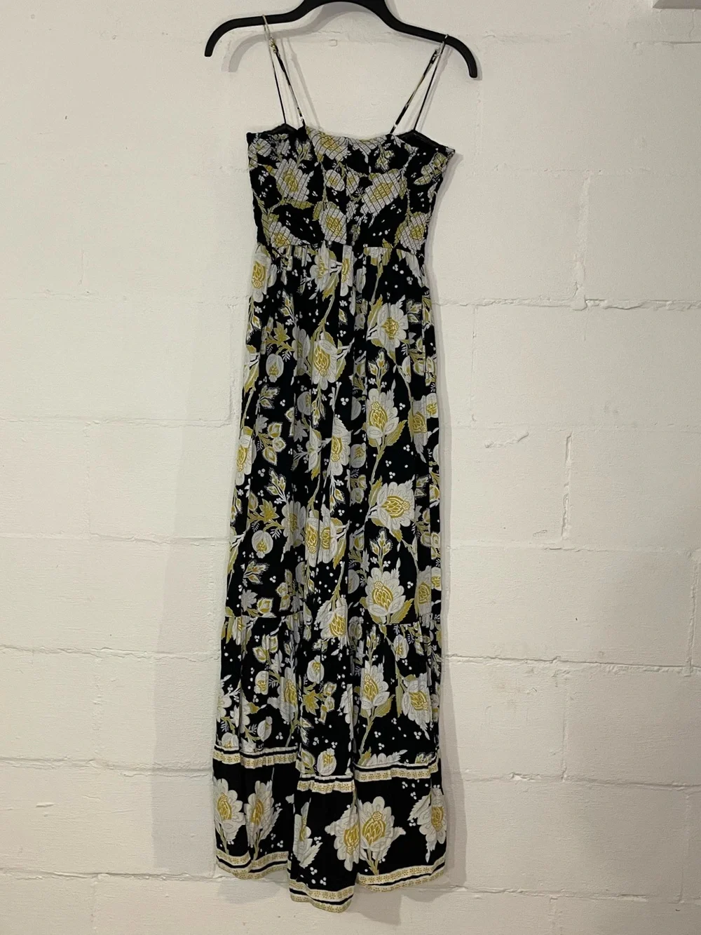 Free People Black Floral Maxi Jumpsuit with Yellow and White Print